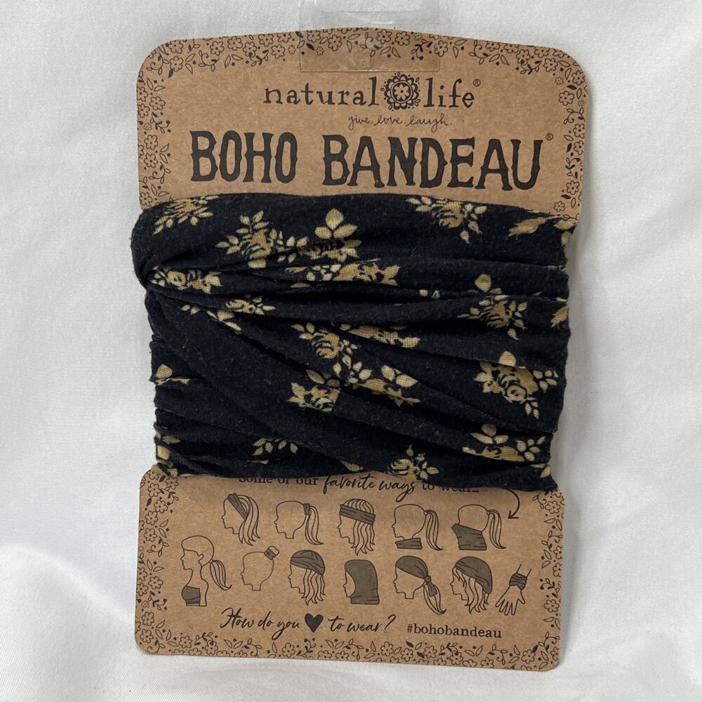 Natural Life Boho Bandeau Headband Scarf Top in Faded Black Cluster Tan Floral